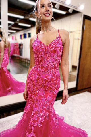 Mermaid Tulle V Neck Straps Orange Sequins with Long Prom Dresses