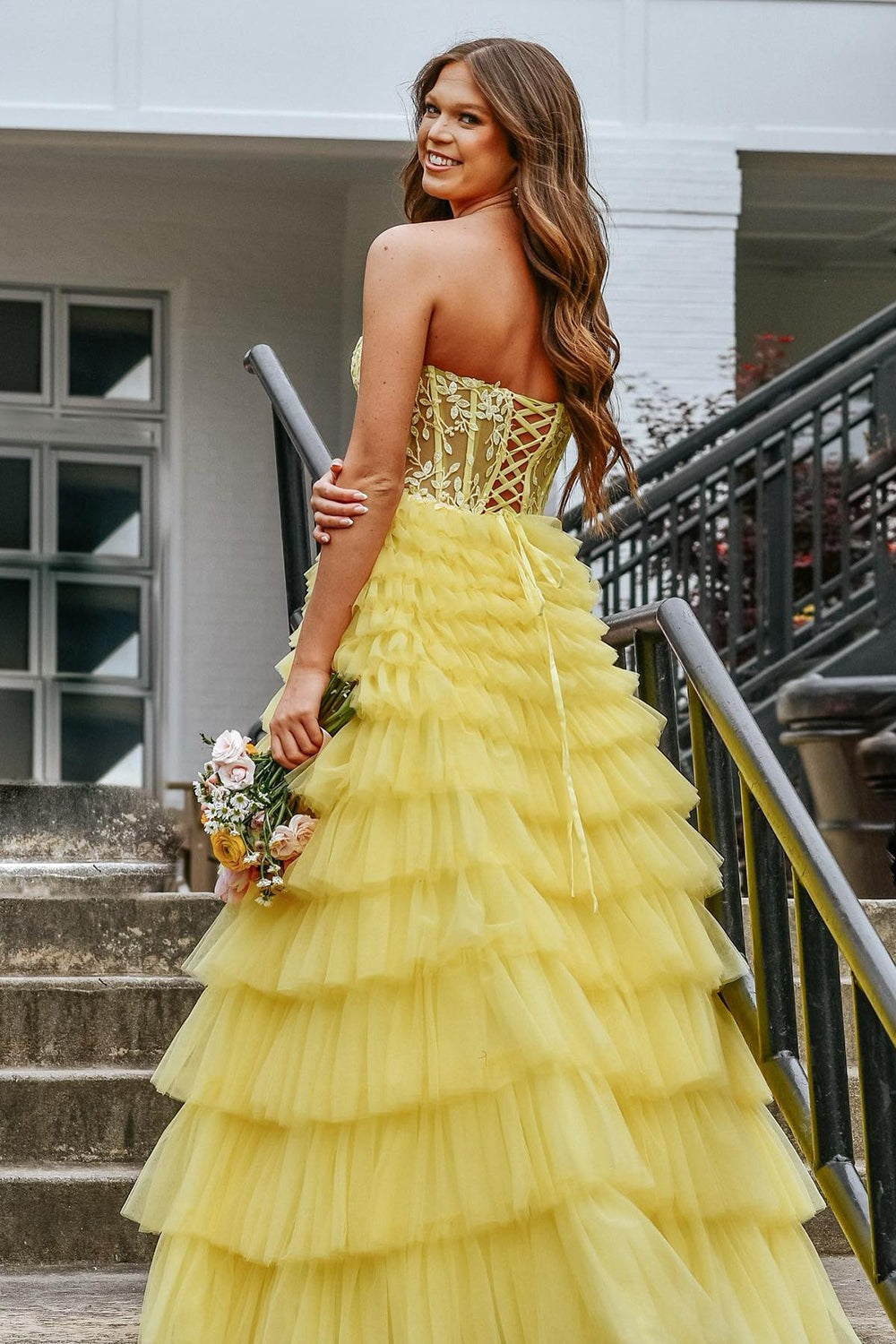 Cute Sweetheart Yellow Tiered Tulle Long Prom Dresses Cute Sweetheart Yellow Tiered Tulle Long Prom Dresses