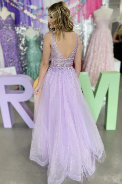 Lavender V Neck Beaded Tulle A-Line Prom Dresses,BD93245