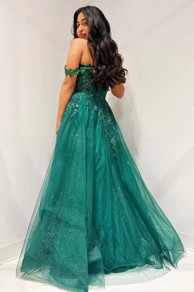Glitter Emerald Appliques Off-the-Shoulder A-Line Long Prom Dresses,BD93228