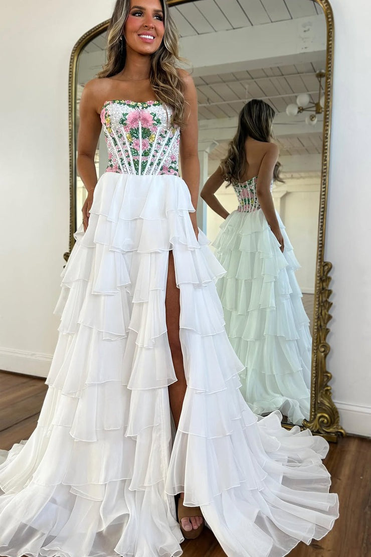 A Line Strapless White Tiered Chiffon Prom Dress