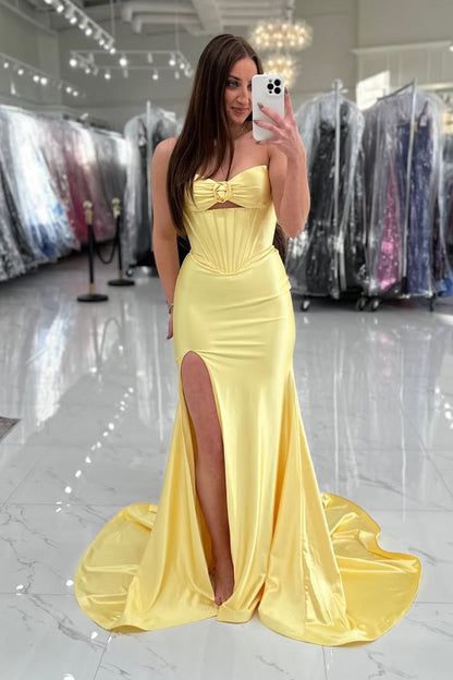 Robe de bal longue sirène bustier en satin jaune