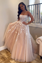 A-Line Champagne Tulle Strapless Long Prom Dresses
