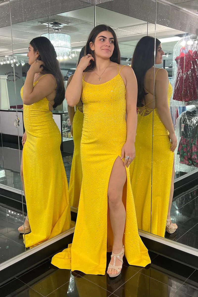 Beaded Scoop Neck Long Yellow Prom Dresses,BD93112