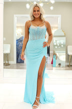 Scoop Neck Aqua Beading Mermaid Prom Dresses