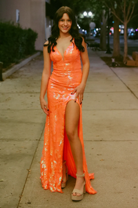 Orange V Neck Sequins Mermaid Long Prom Dresses,BD93305