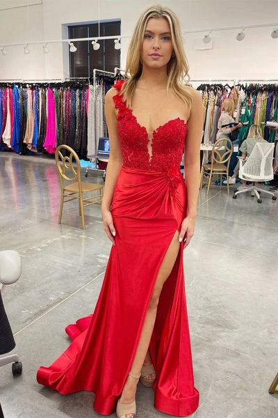 Red One-Shoulder 3D Floral Lace Pleated Long Gown,BD93176