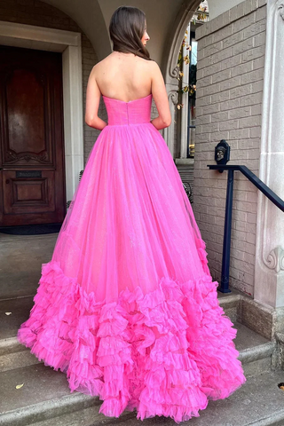 Long Fuchsia Strapless Ruffle A-Line Prom Dresses