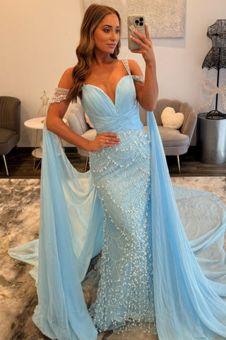 Cloak V Neck Spaghetti Straps Mermaid Long Prom Dresses With Pearls