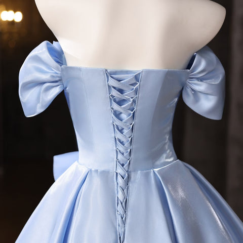 Blue Satin Off the Shoulder Pleats Homecoming Dresses