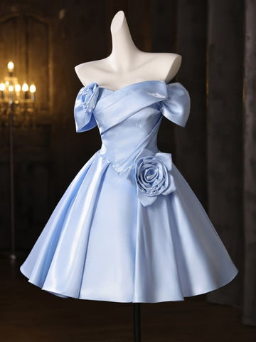 Blue Satin Off the Shoulder Pleats Homecoming Dresses
