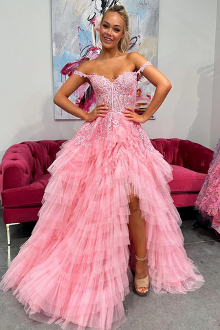 Pink Off the Shoulder Tiered Tulle Long Prom Dresses with Appliques,BD93274