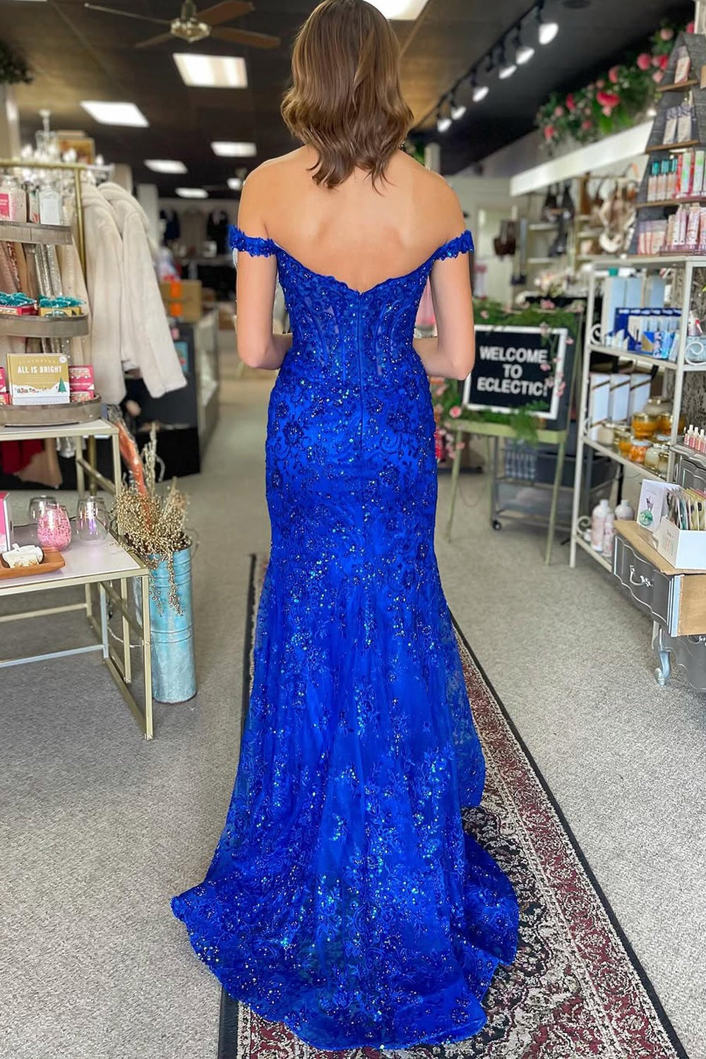 Mermaid Off the Shoulder Royal Blue Sequins Lace Prom Dresses
