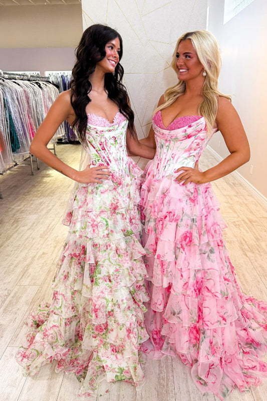 Robes de bal longues en mousseline rose fleuri avec bustier en cœur