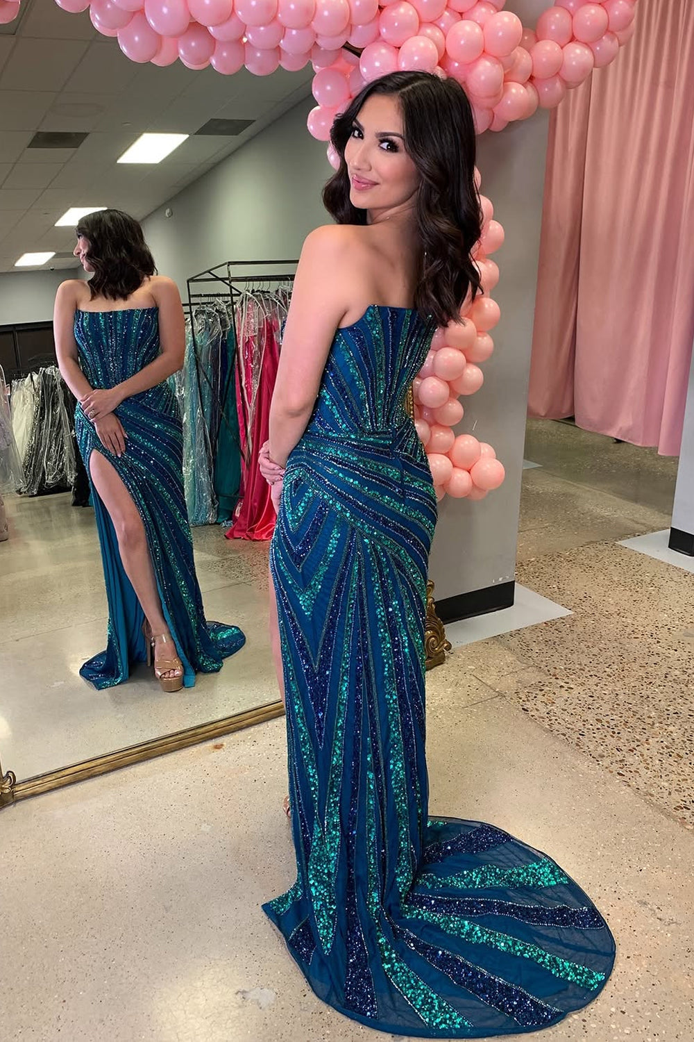 Mermaid Strapless Blue Sequins Long Prom Dresses