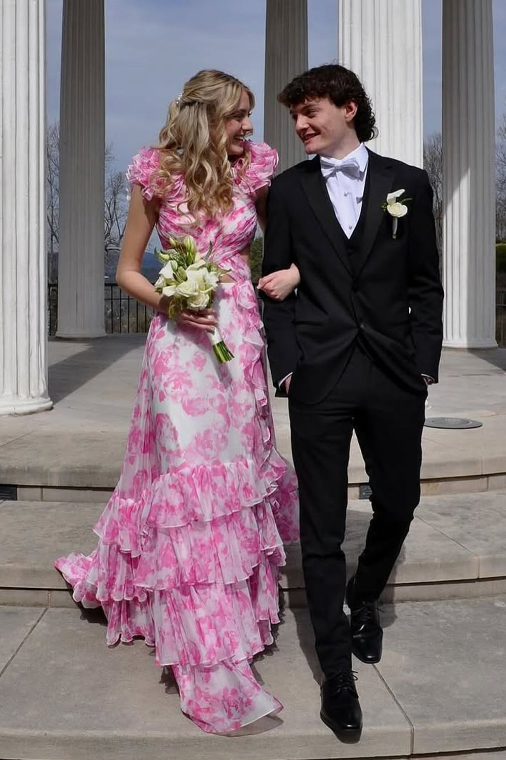 A-Line V Neck Pink Floral Printed Chiffon Ruffle Tiered Long Prom Dresses