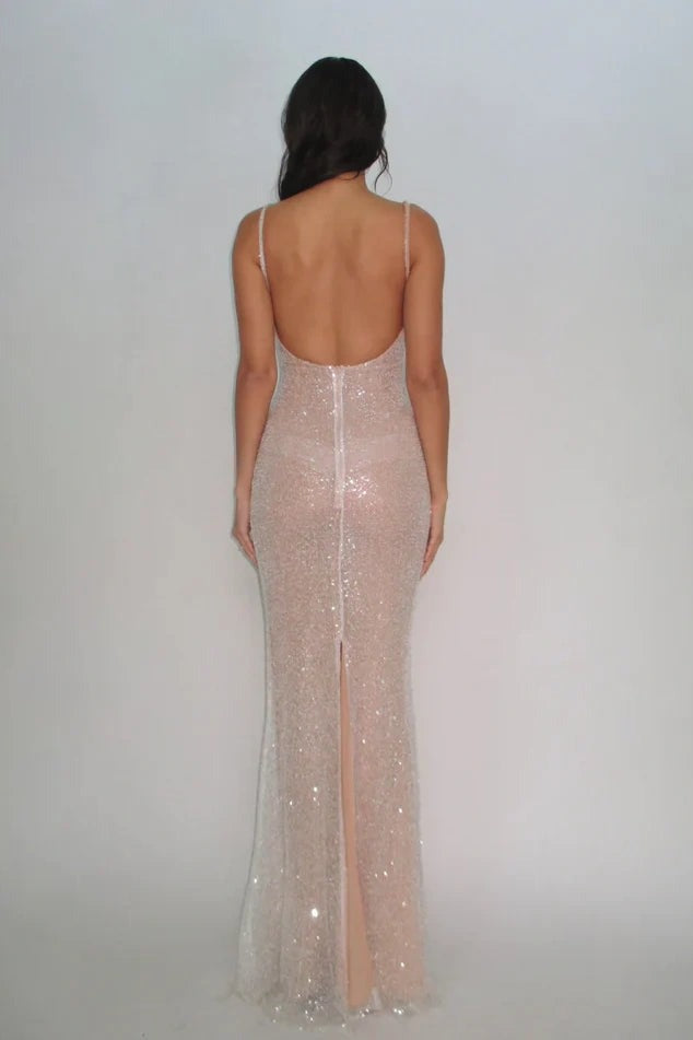 Robes de bal longues sirène à paillettes argentées à fines bretelles Bling Sheath