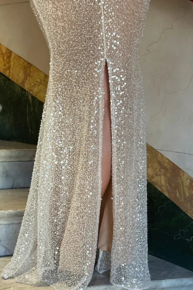 Robes de bal longues sirène à paillettes argentées à fines bretelles Bling Sheath