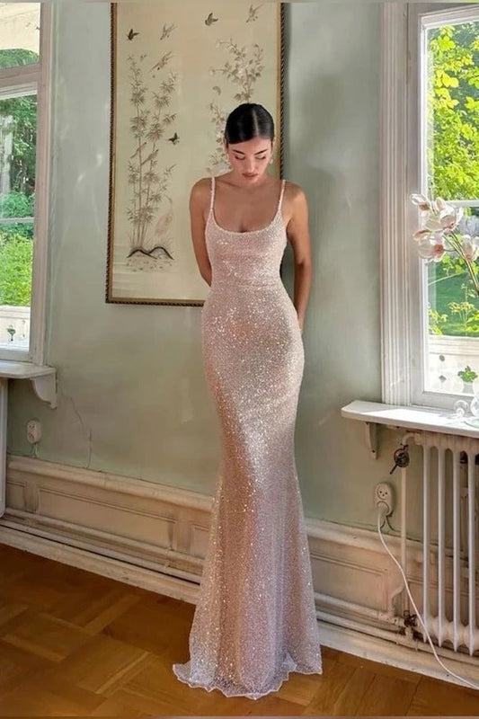 Robes de bal longues sirène à paillettes argentées à fines bretelles Bling Sheath