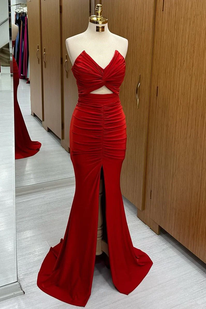Mermaid Red Strapless Twisted Knot Long Formal Dresses,BD93143