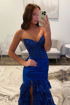 Mermaid Sweetheart Dark Red Satin Tiered Prom Dresses