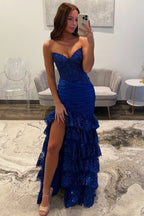 Mermaid Sweetheart Dark Red Satin Tiered Prom Dresses