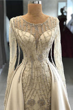 Gorgeous Long Satin Beaded Mermaid Prom Dresses with Sleeves