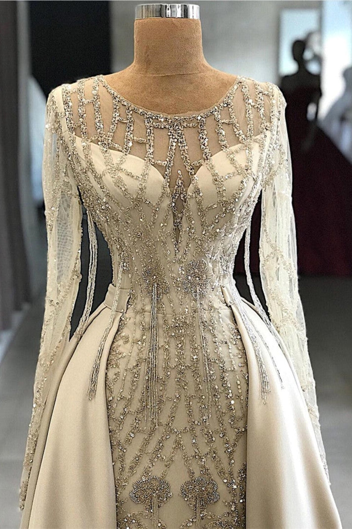 Superbes Robes de Bal Sirène Longues en Satin Perlé à Manches