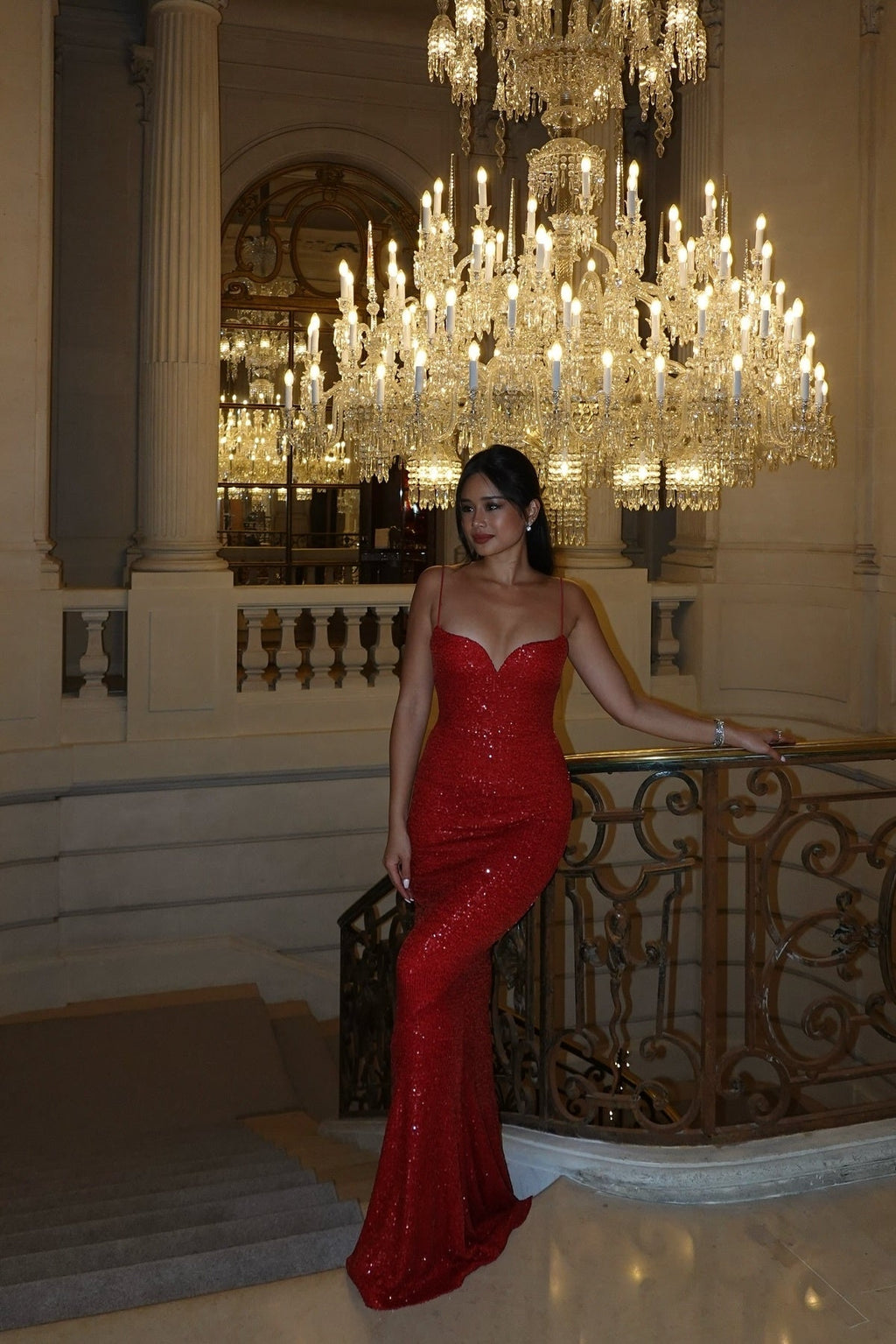 Mermaid Spaghetti Straps Red Sequins Long Prom Dresses