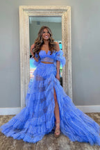 A Line V Neck Blue Sparkly Tulle Prom Dresses
