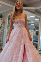 Cute Pink Flowers Lace  A-Line Long Prom Dresses