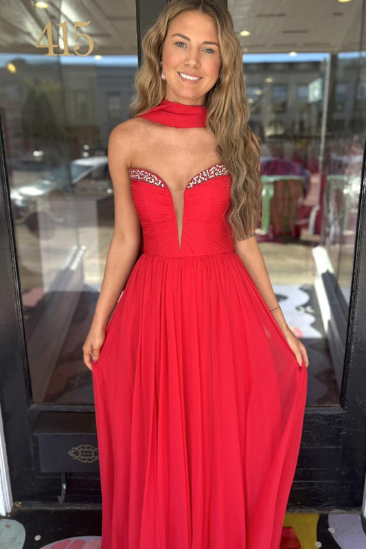 Robes de bal longues en mousseline rouge avec col en V et coupe trapèze