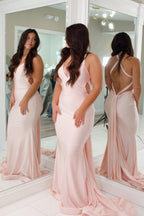 Mermaid V Neck Pink Stretch Satin Prom Dresses