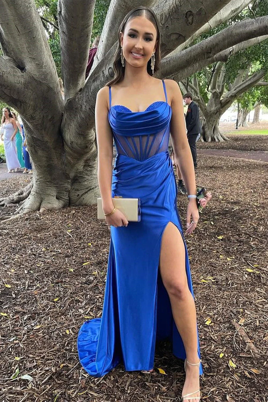 Royal Blue Cowl Neck Sheer Bodice Long Formal Dresses luladress Royal Blue Cowl Neck Sheer Bodice Long Formal Dresses luladress