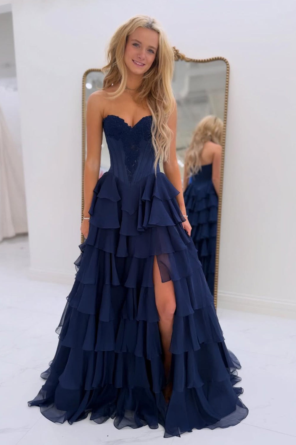 Yellow A-Line Strapless Ruffle Tiered Chiffon Prom Dress