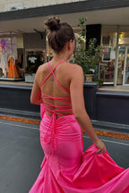 V Neck Hot Pink Satin Slit Mermaid Prom Dresses