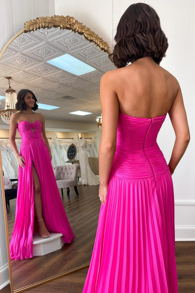 Hot Pink Strapless Keyhole Pleated A-Line Prom Dresses,BD93174