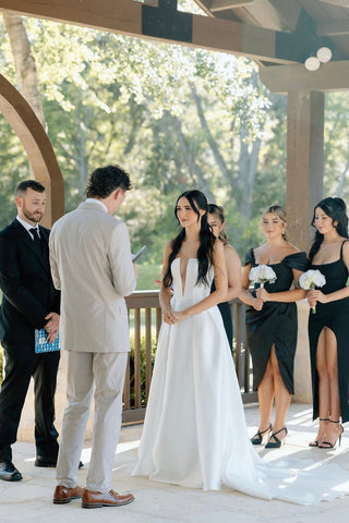 Charming A Line Deep V Neck White Satin Long Bridal Dresses