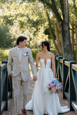 Charming A Line Deep V Neck White Satin Long Bridal Dresses