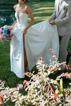 Charming A Line Deep V Neck White Satin Long Bridal Dresses