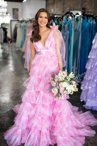Pink Floral Printed V Neck Ruffle Tiered Long Prom Dresses,BD93251
