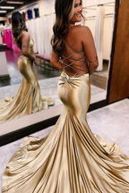 Mermaid Golden Satin V Neck Prom Dresses