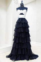 Royal Blue A-Line Strapless Long Tiered Chiffon Prom Dresses