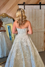 A Line Scoop Neck White Jacquard Satin Prom Dresses