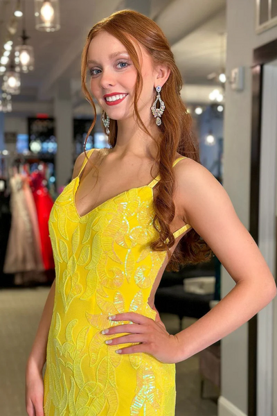 Mermaid V Neck Yellow Sequins Lace Backless Long Prom Dresses,BD93326