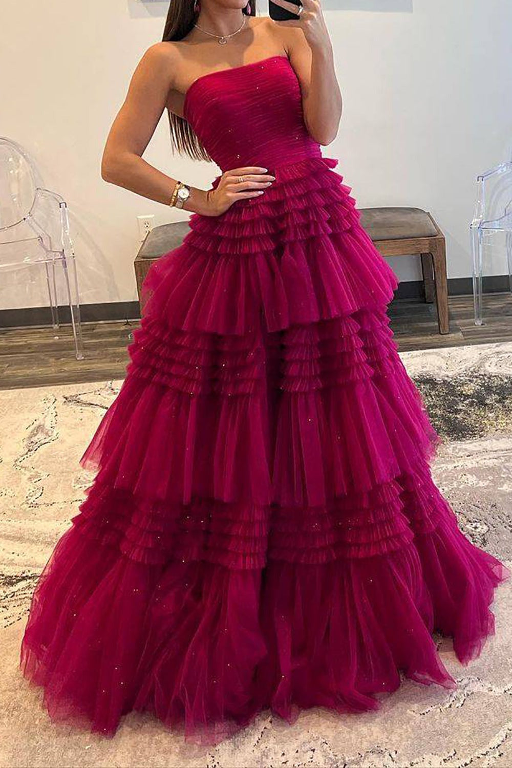 A Line Tulle Strapless Fuchsia Long Prom Dresses
