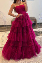 A Line Tulle Strapless Fuchsia Long Prom Dresses