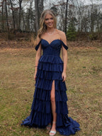 Royal Blue A-Line Off The Shoulder Long Beaded Prom Dresses