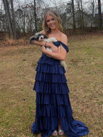 Royal Blue A-Line Off The Shoulder Long Beaded Prom Dresses