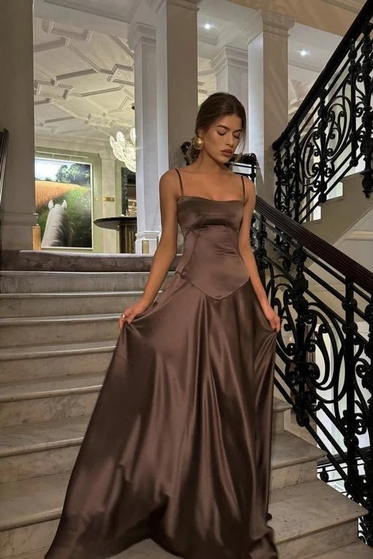 A Line Spaghetti Straps Brown Party Dresses